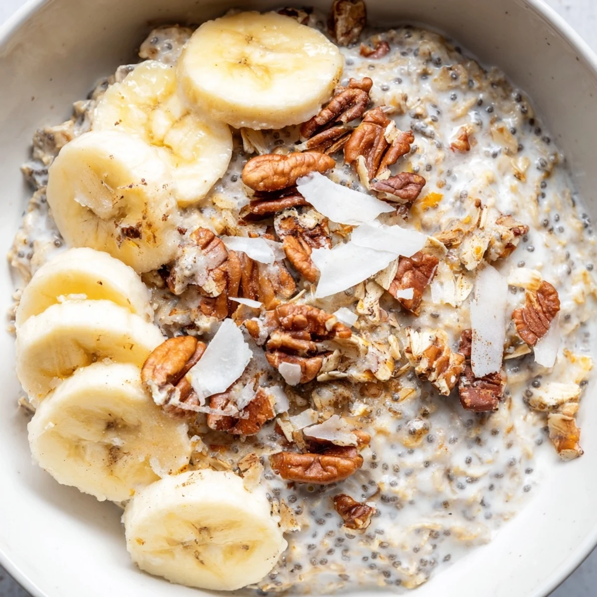 Coconut Cream Pie Overnight Oats served chilled with crunchy nuts and fresh banana slices on top