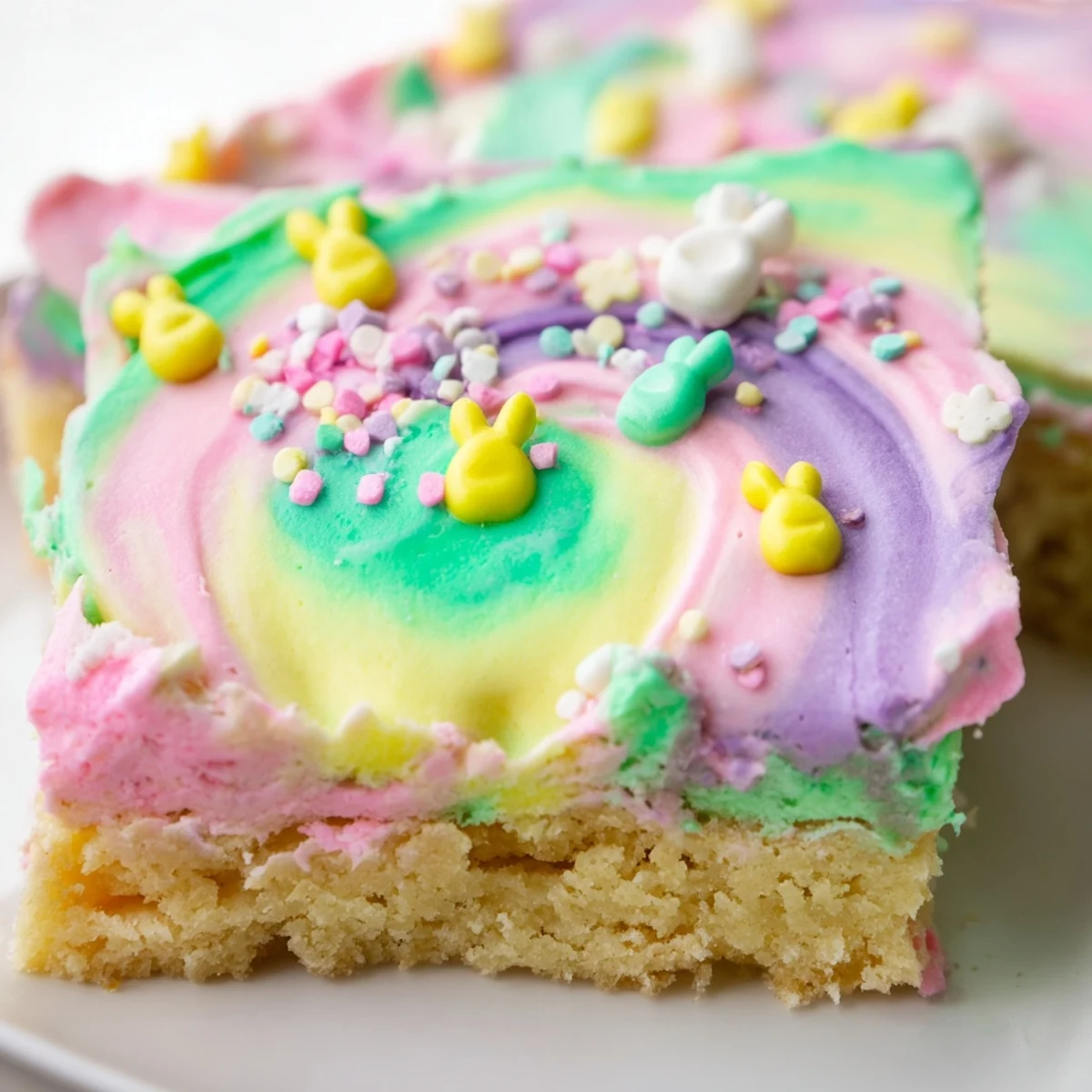 Soft Easter sugar cookie bars with swirled pastel frosting and colorful sprinkles on a white platter