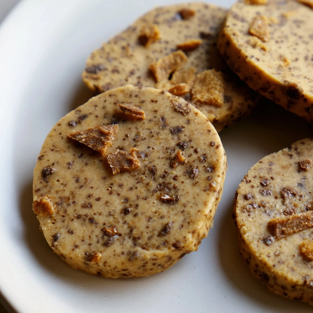Crumbly espresso shortbread cookies studded with golden toffee bits on a rustic wooden board.