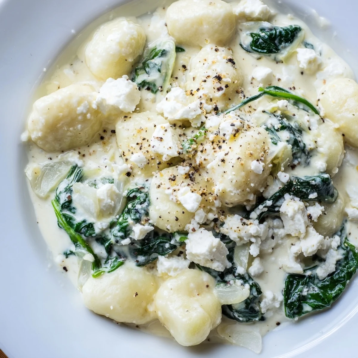 Soft pillowy gnocchi with spinach and feta swimming in velvety cream sauce