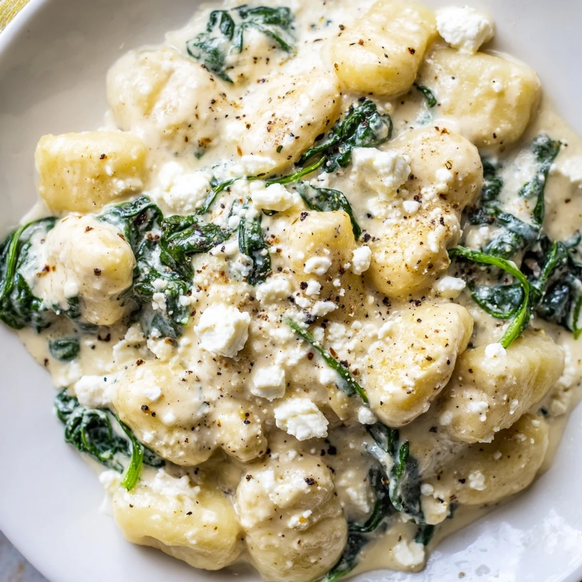 Creamy gnocchi with spinach and feta topped with crumbled cheese garnish