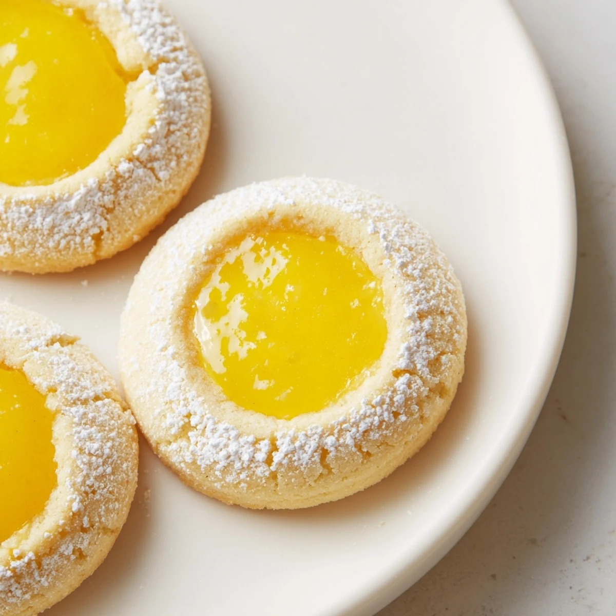 Golden lemon curd cookies with tangy filling nestled in buttery, tender shortbread thumbprints.