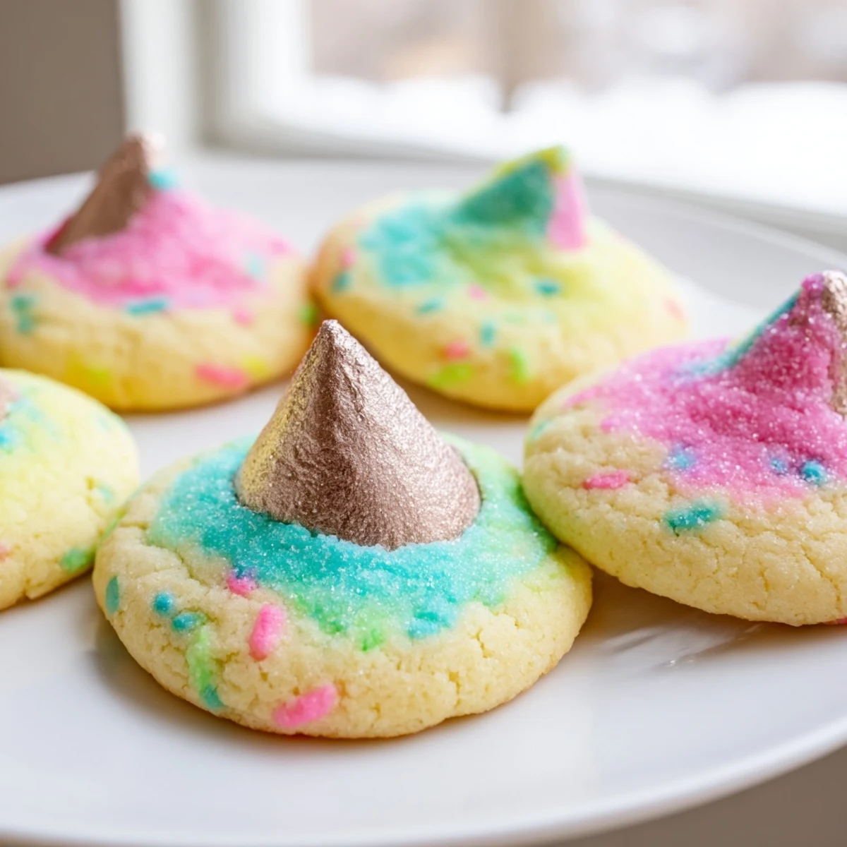 Soft Easter Blossom Cookies topped with pastel sprinkles and melty chocolate kisses on a rustic baking sheet