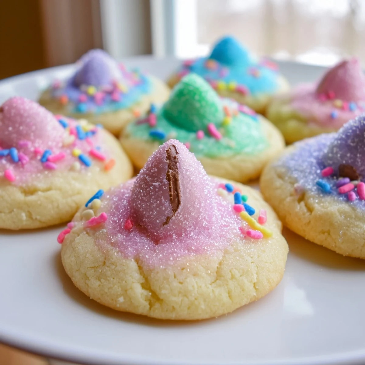 Warm Easter Blossom Cookies fresh from the oven featuring glossy chocolate kisses pressed into buttery dough