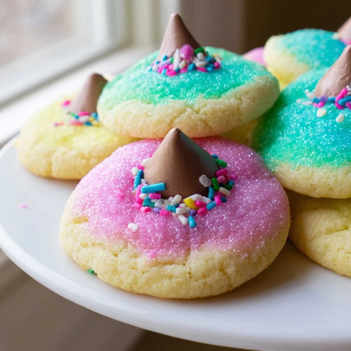 Golden Easter Blossom Cookies arranged on a white platter with colorful candy centers and spring sprinkles