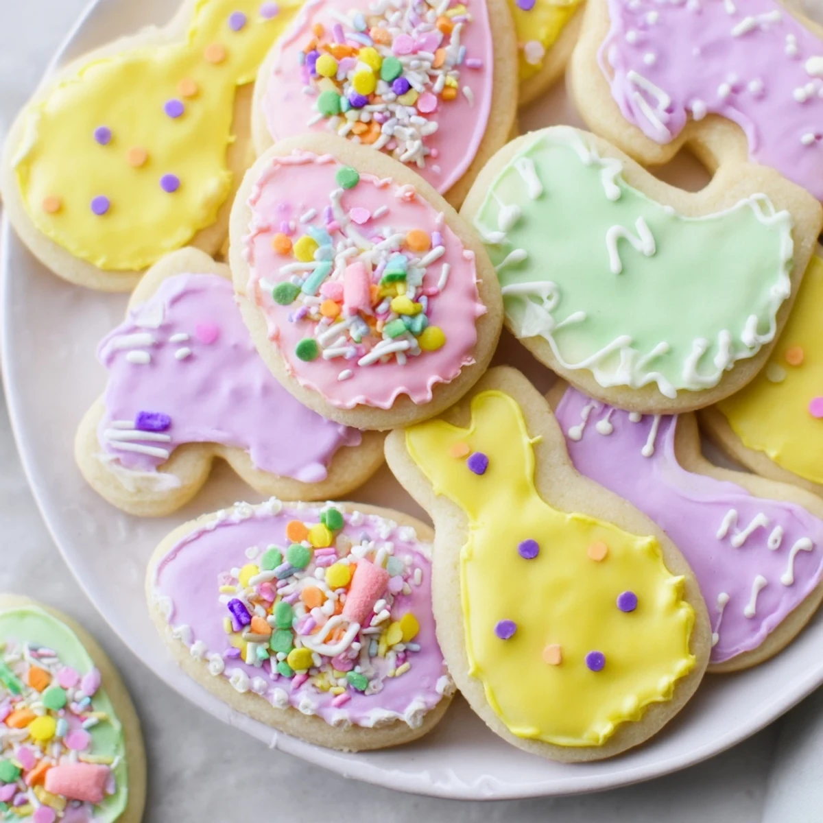 Decorated Spring Easter cookies with pastel pink and yellow icing on a rustic wooden serving board