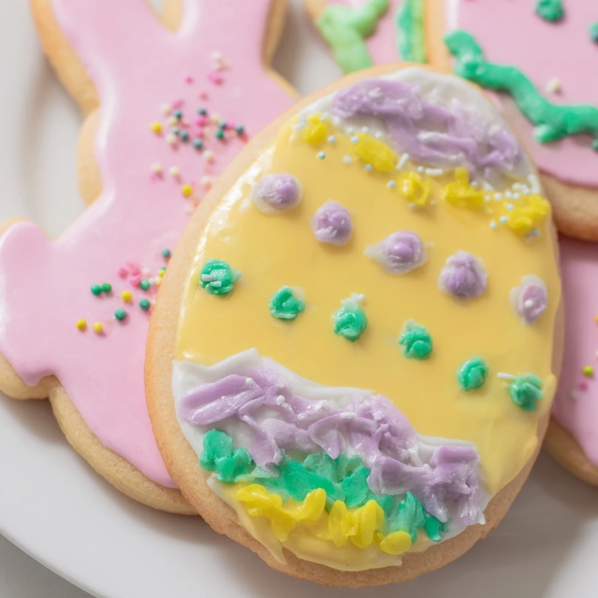 Buttery Spring Easter cookies shaped like bunnies and eggs arranged on a festive pastel platter