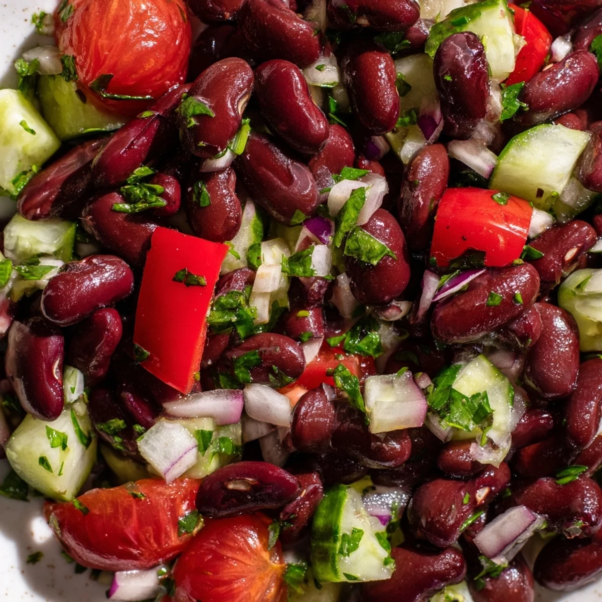 Colorful kidney bean salad in a white bowl with crisp bell peppers and fresh herbs