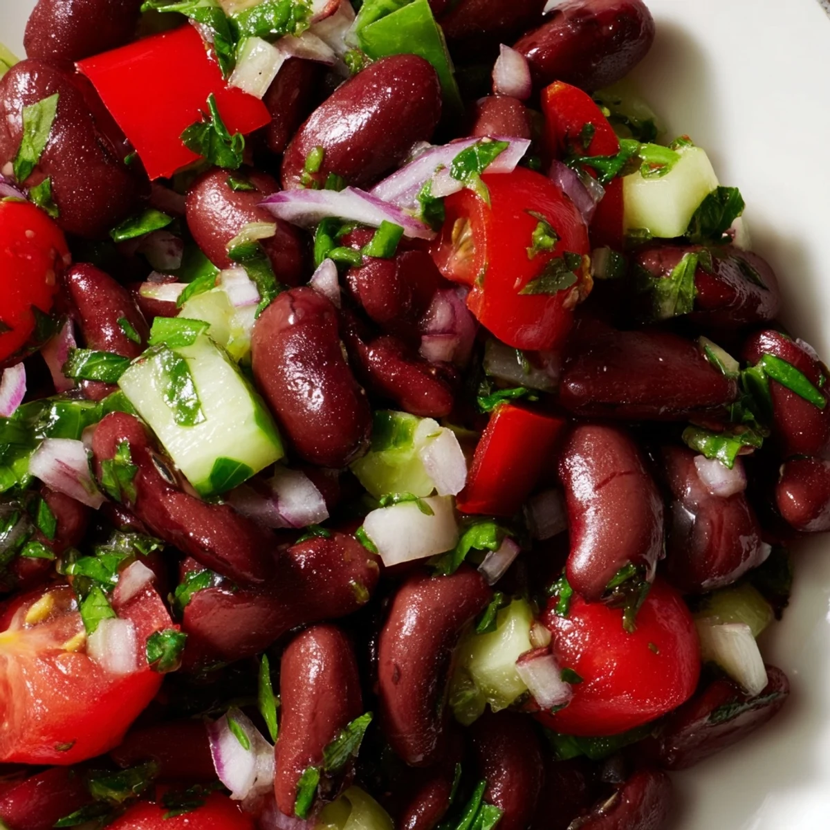 Kidney bean salad tossed with diced vegetables and glossy red wine vinaigrette dressing