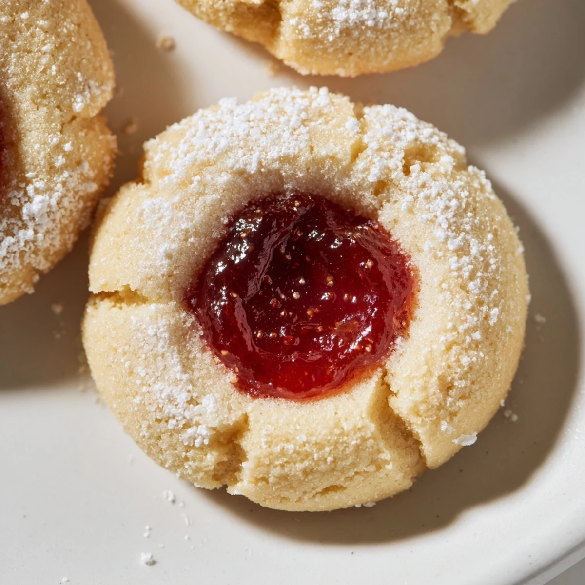 Golden flower jam thumbprint cookies with glistening jam centers arranged on a rustic white ceramic plate