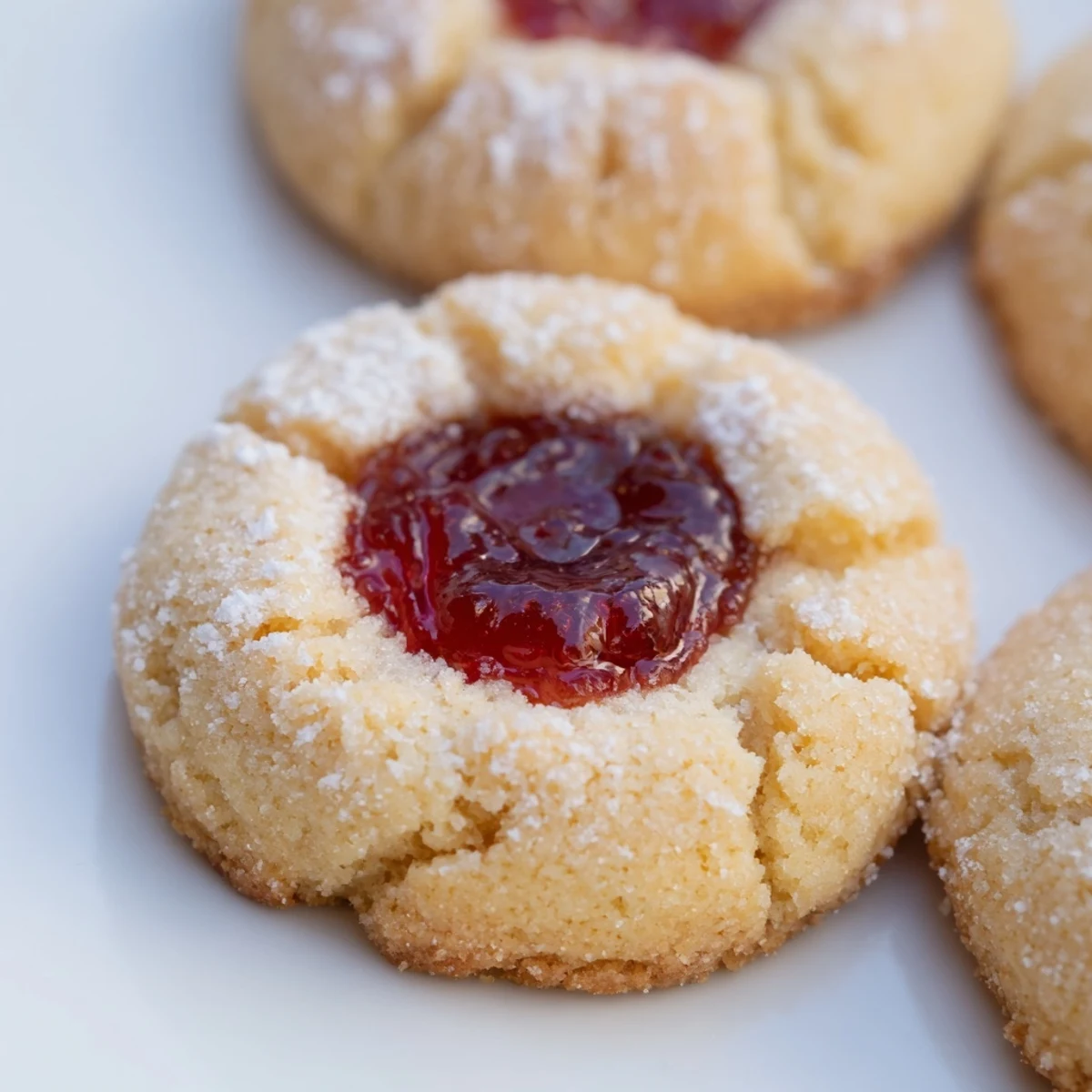 Flower jam thumbprint cookies dusted with powdered sugar showcase vibrant jewel-toned jam filling in indentations