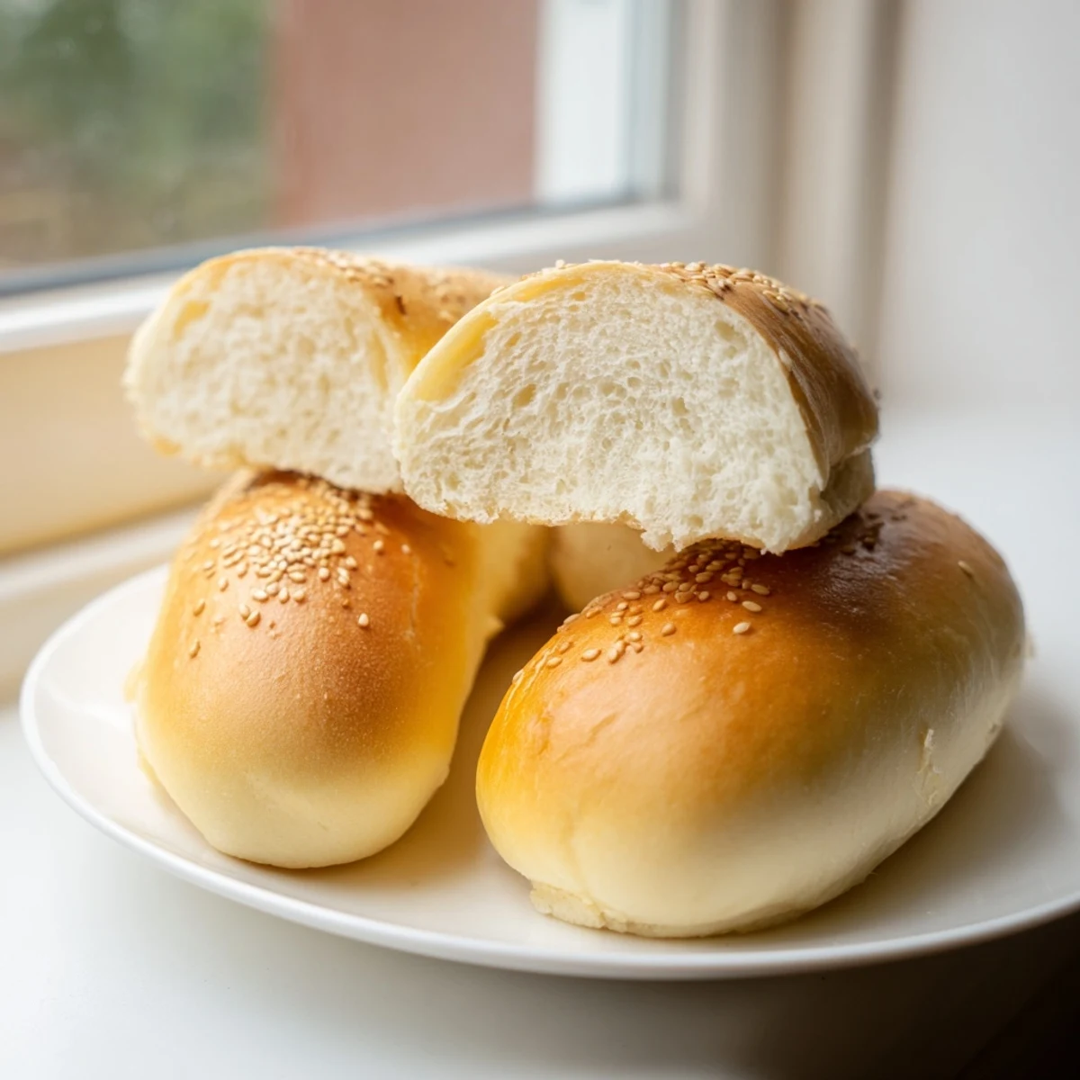 Golden sourdough discard hot dog buns topped with sesame seeds on parchment paper.