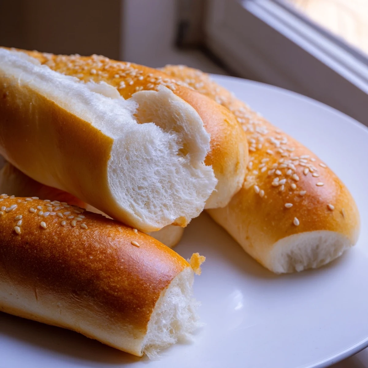 Soft homemade sourdough discard hot dog buns ready for grilled sausages and toppings.
