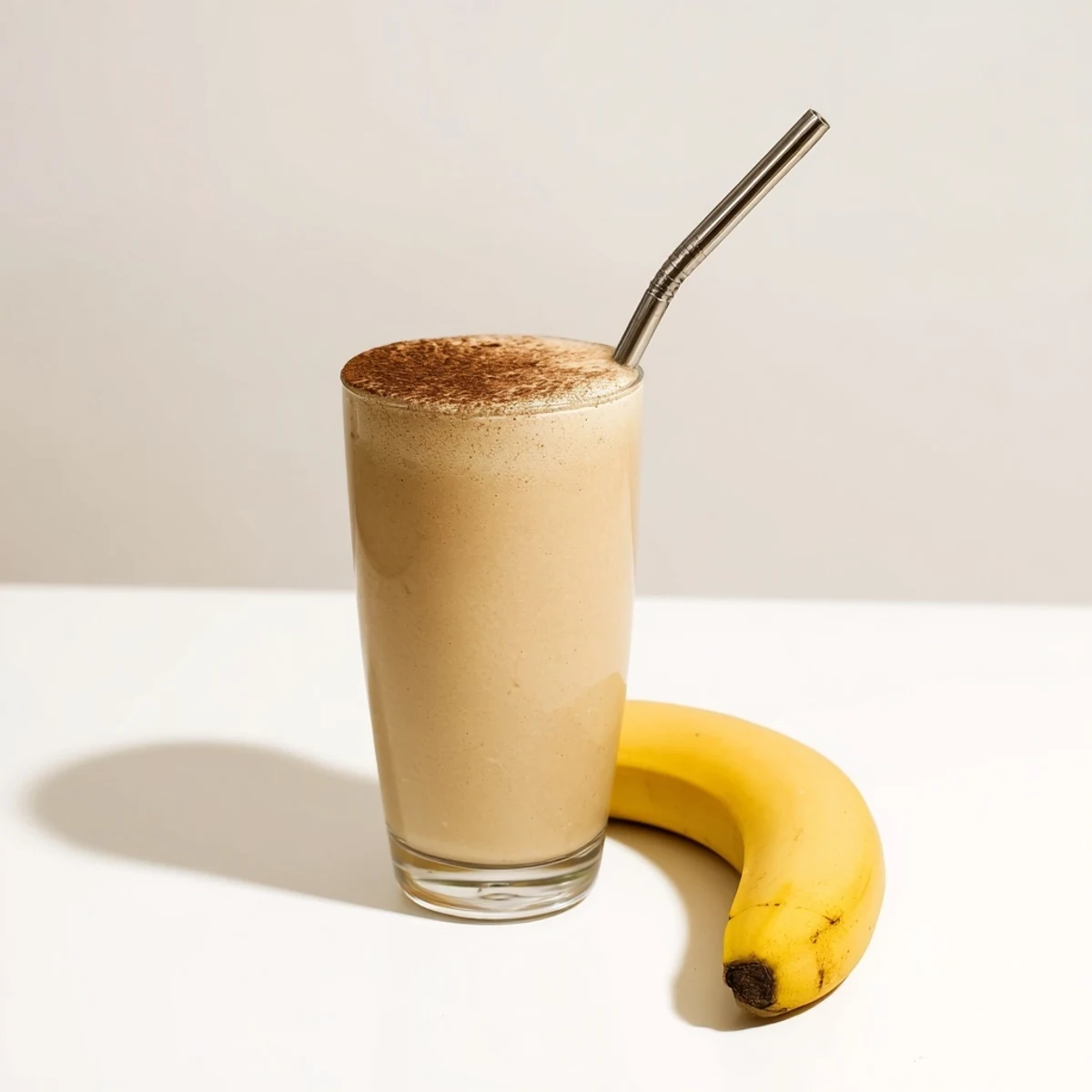Creamy coffee smoothie in a glass topped with a dusting of cocoa powder