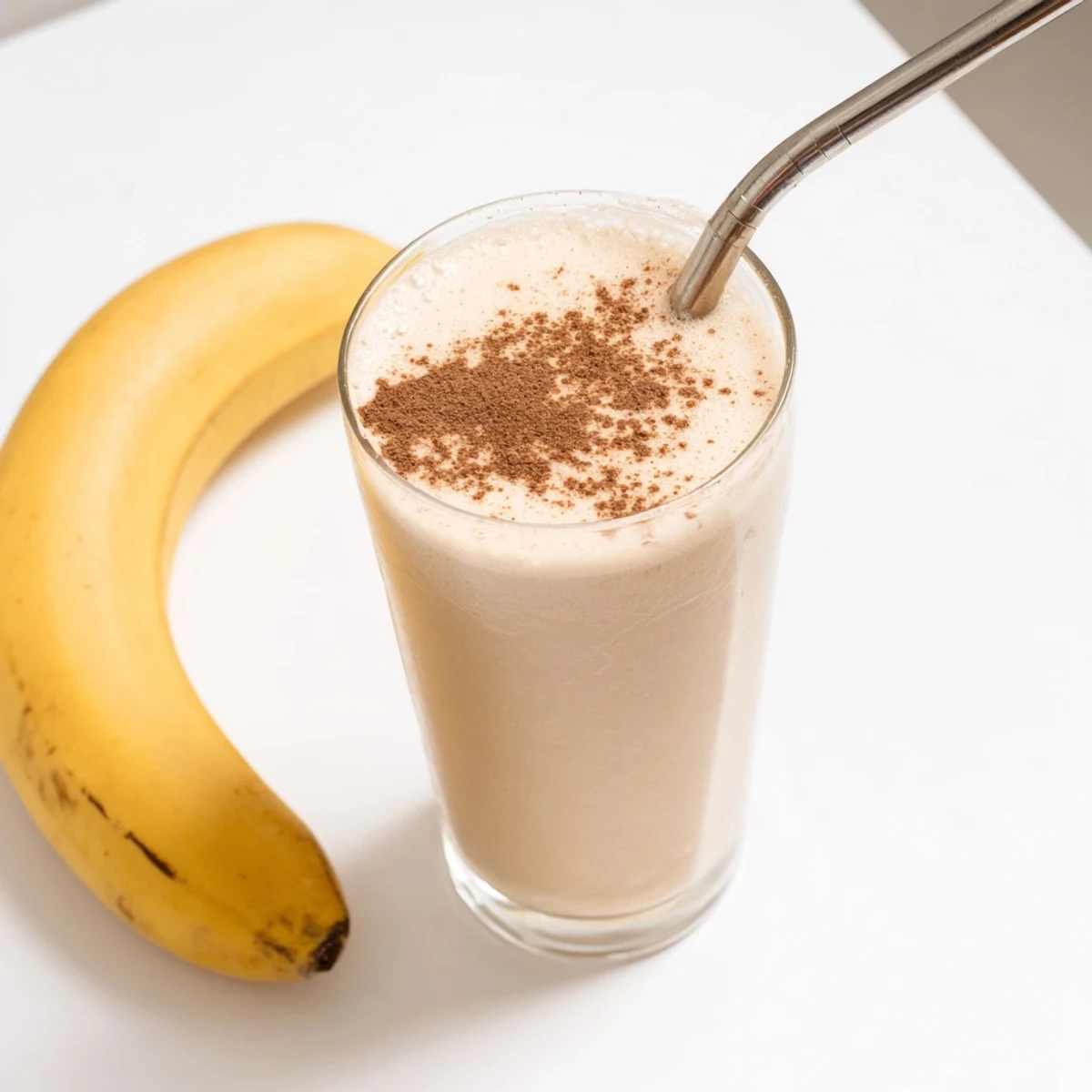 Frothy coffee smoothie blended with ripe banana and served in a mason jar