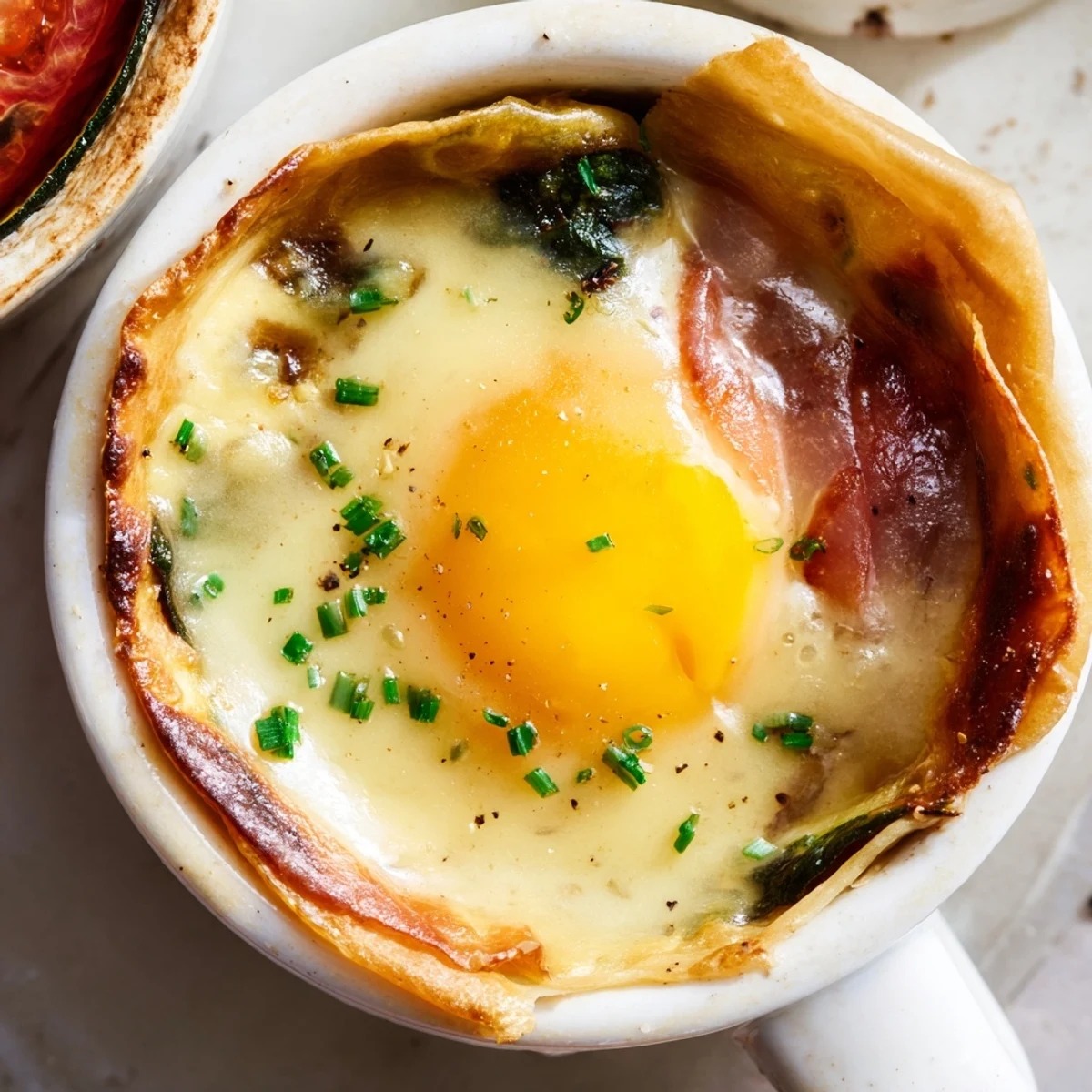 Golden baked eggs Napoleon with creamy Gruyère sauce served in individual ramekins for elegant brunch presentation