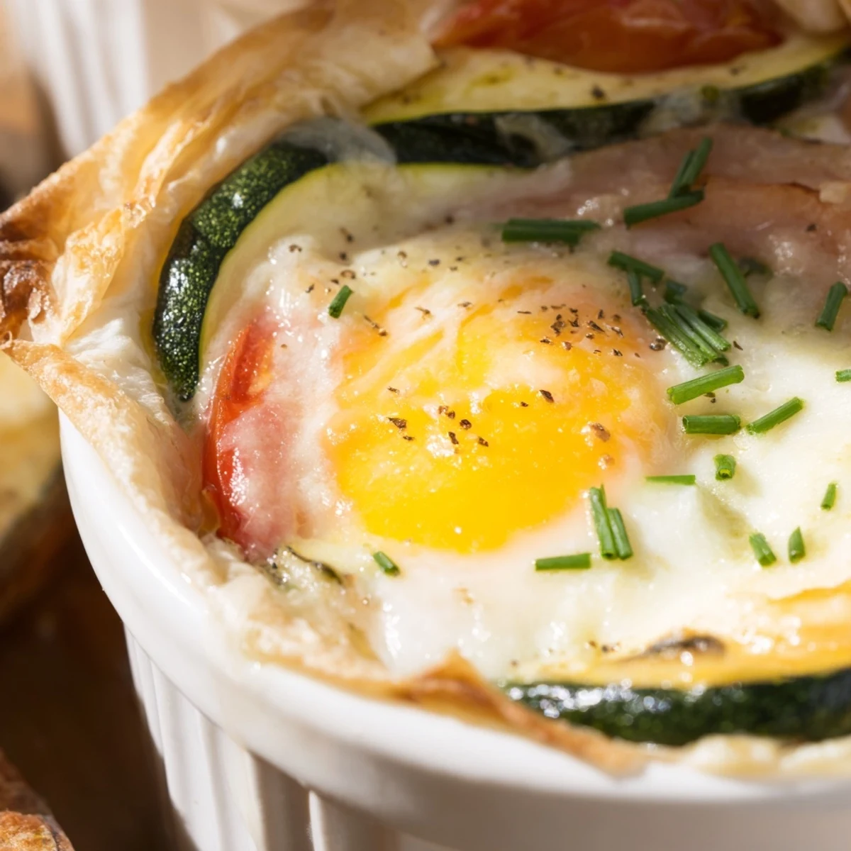 Layers of spinach ham and tomato topped with baked eggs Napoleon in bubbling cheese sauce