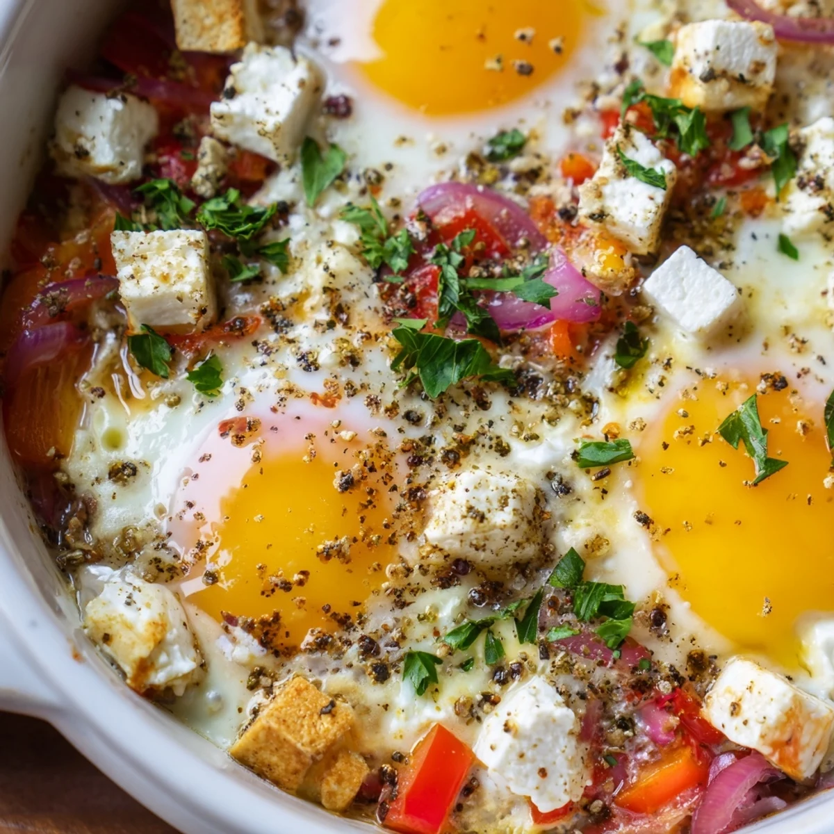 Creamy baked feta eggs with roasted vegetables and herbs in cast iron skillet