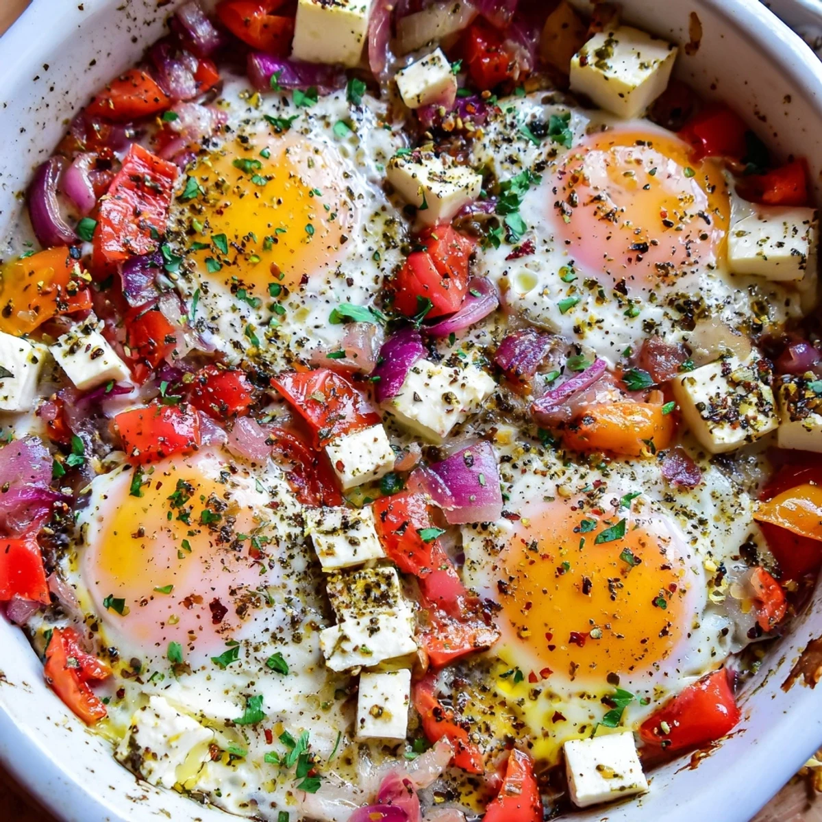 Golden baked feta eggs topped with red pepper flakes and fresh parsley