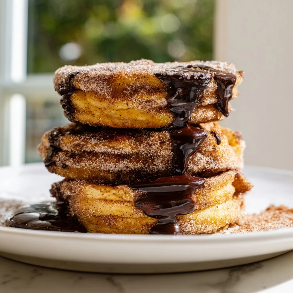 Golden Spanish Churro Pancakes stacked high with rich chocolate sauce drizzled generously on top