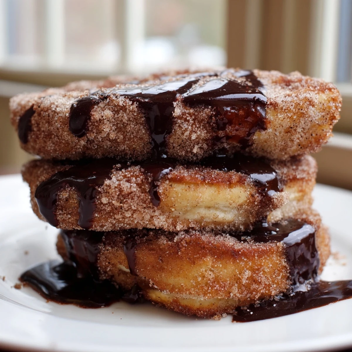 Fluffy Spanish Churro Pancakes coated in warm cinnamon sugar ready for chocolate dipping