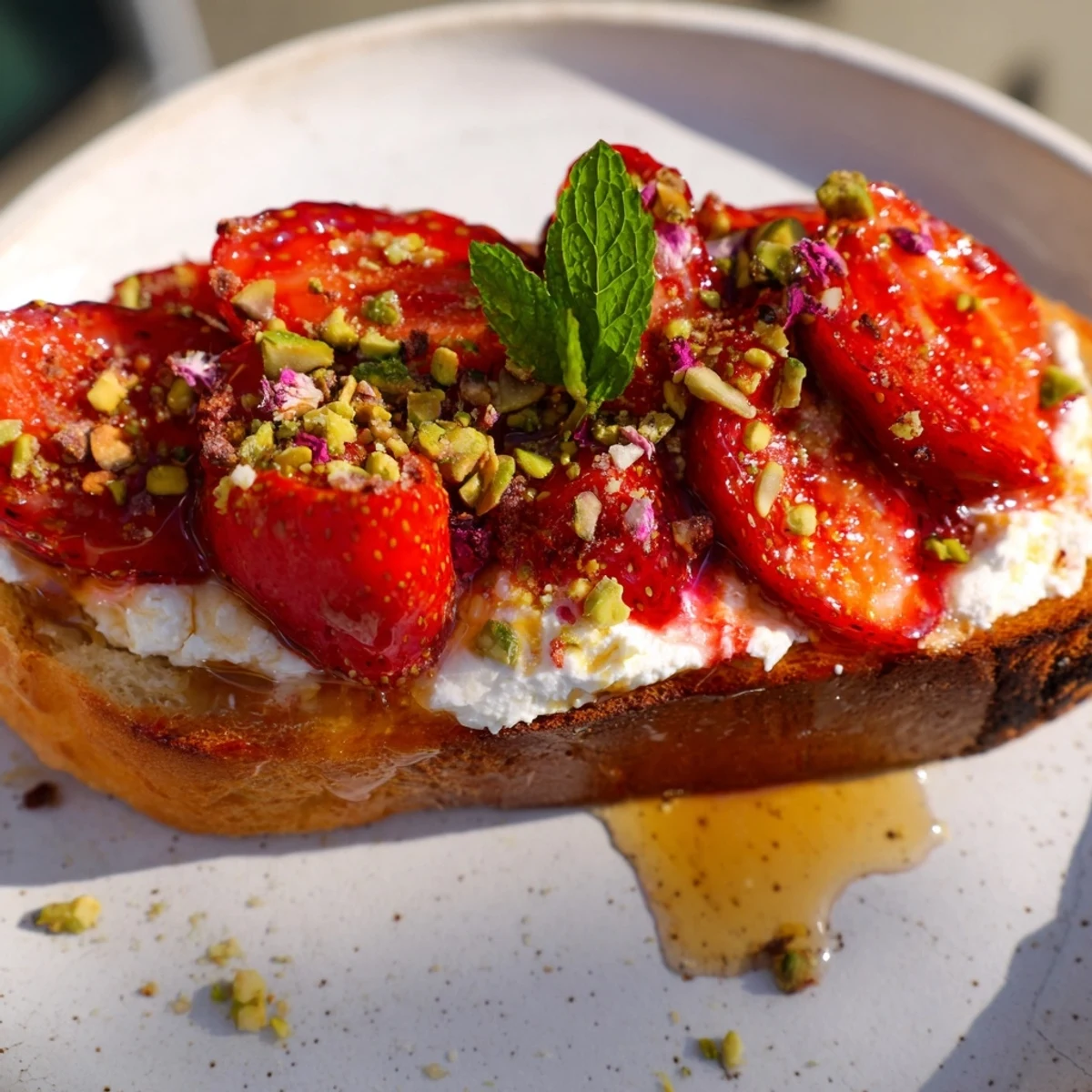 Crispy golden toast topped with fluffy whipped ricotta and sweet roasted strawberry syrup