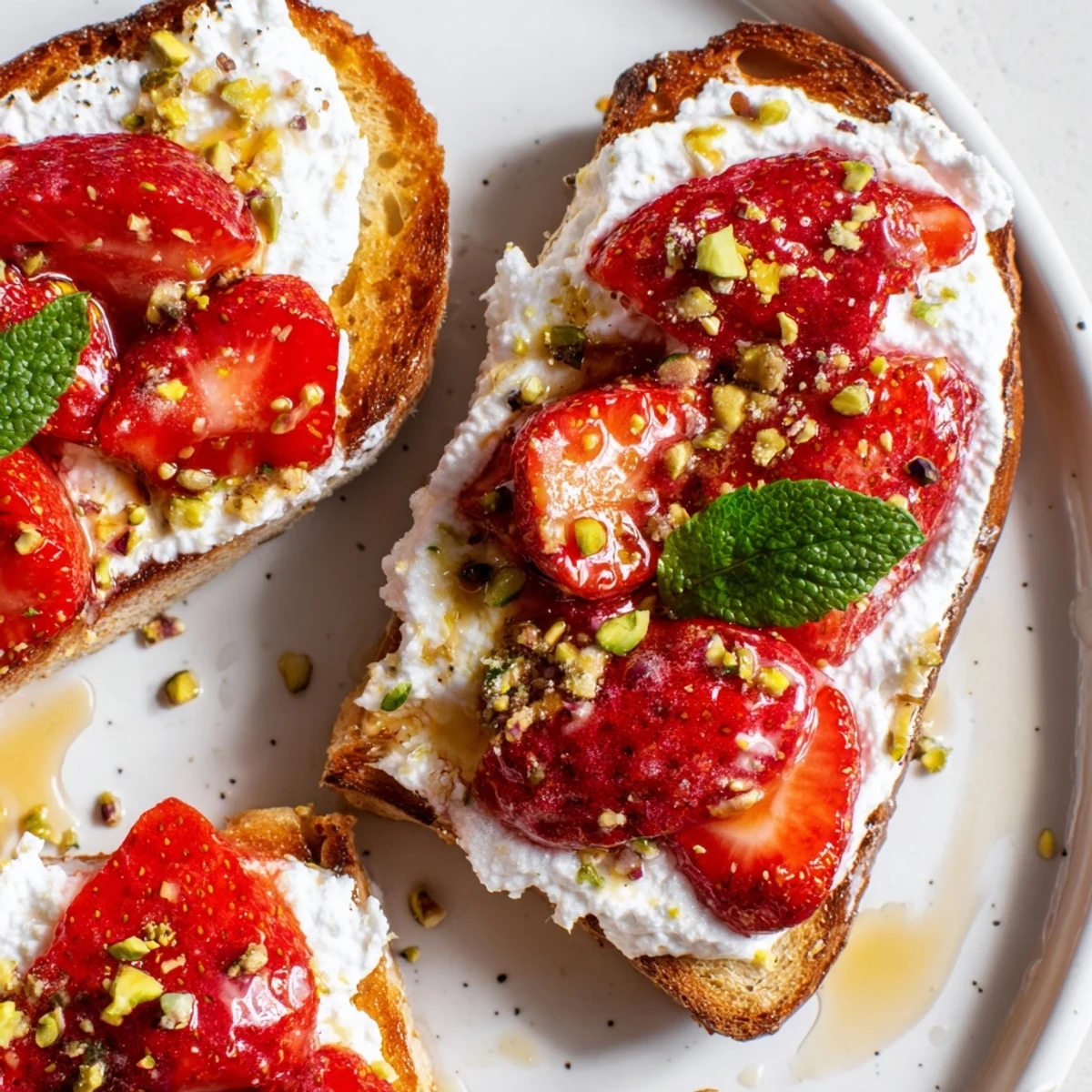 Roasted strawberry whipped ricotta toast featuring creamy cheese spread on rustic sourdough slices