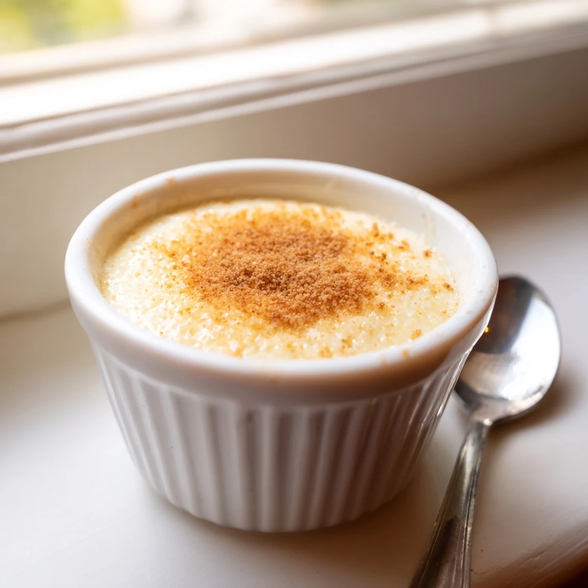 Creamy Portuguese rice custard topped with golden cinnamon sugar in white ramekins