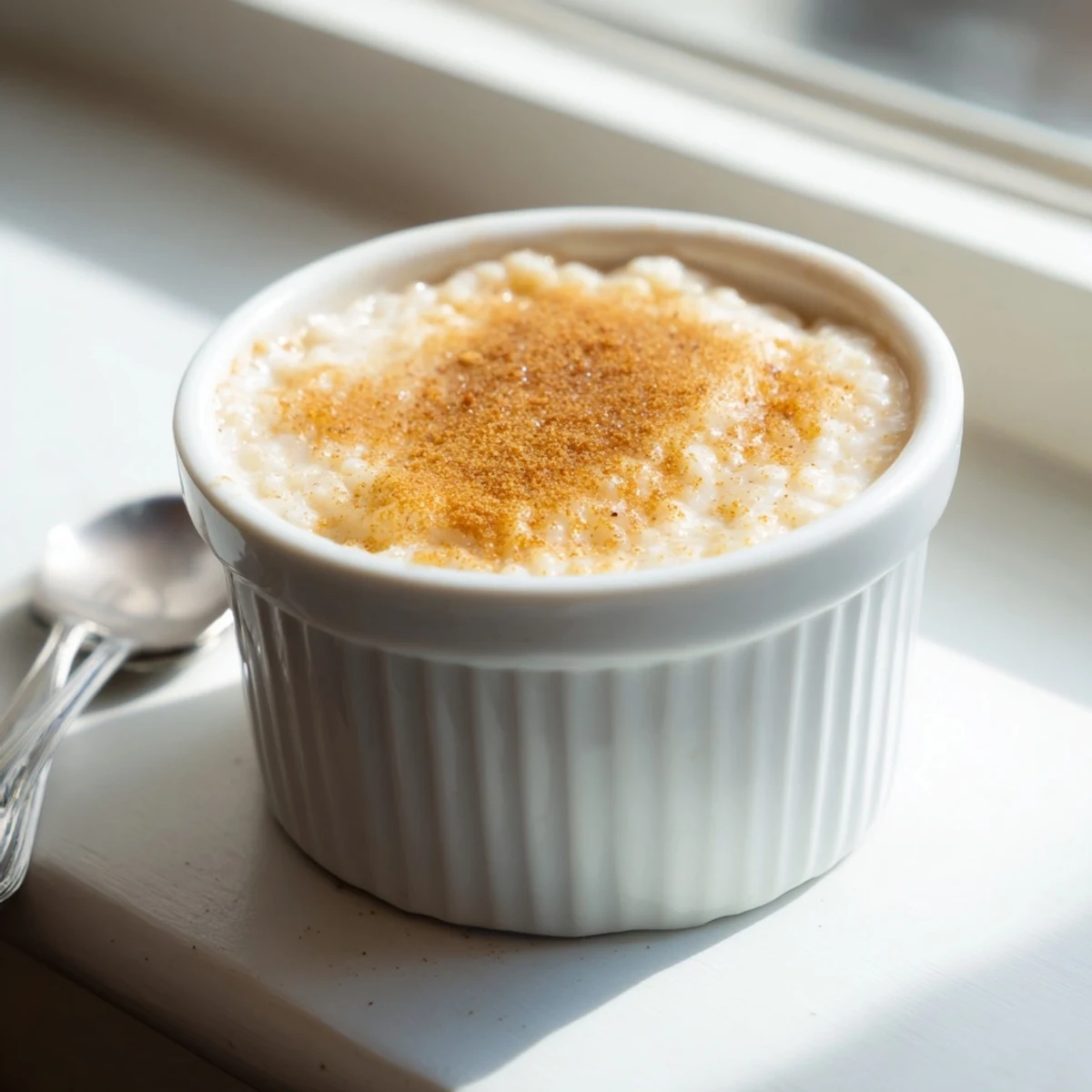 Silky Portuguese rice custard with speckled cinnamon topping served in small dishes