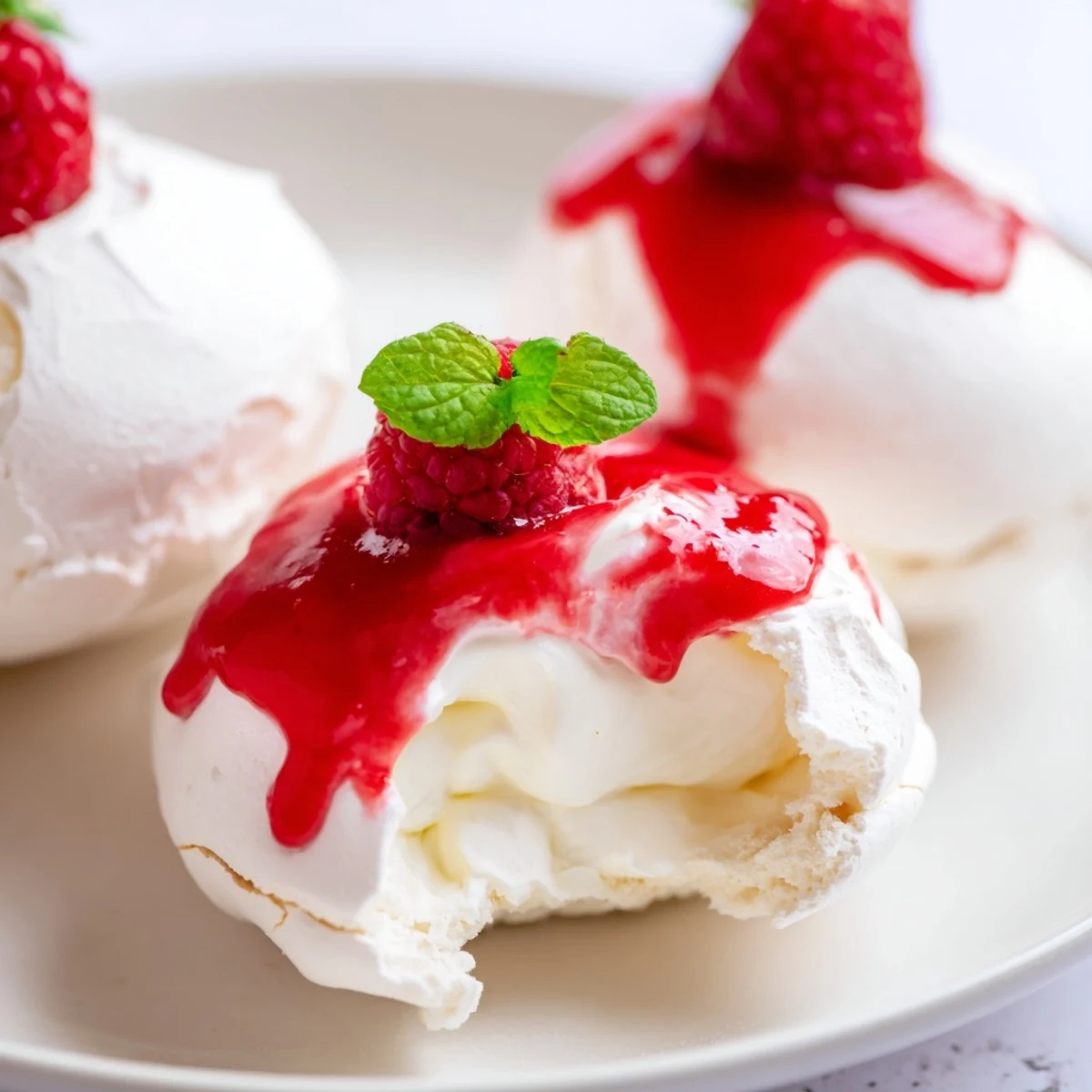 Crisp Pavlova bombs with cream filling and bright red raspberry coulis drizzled on top