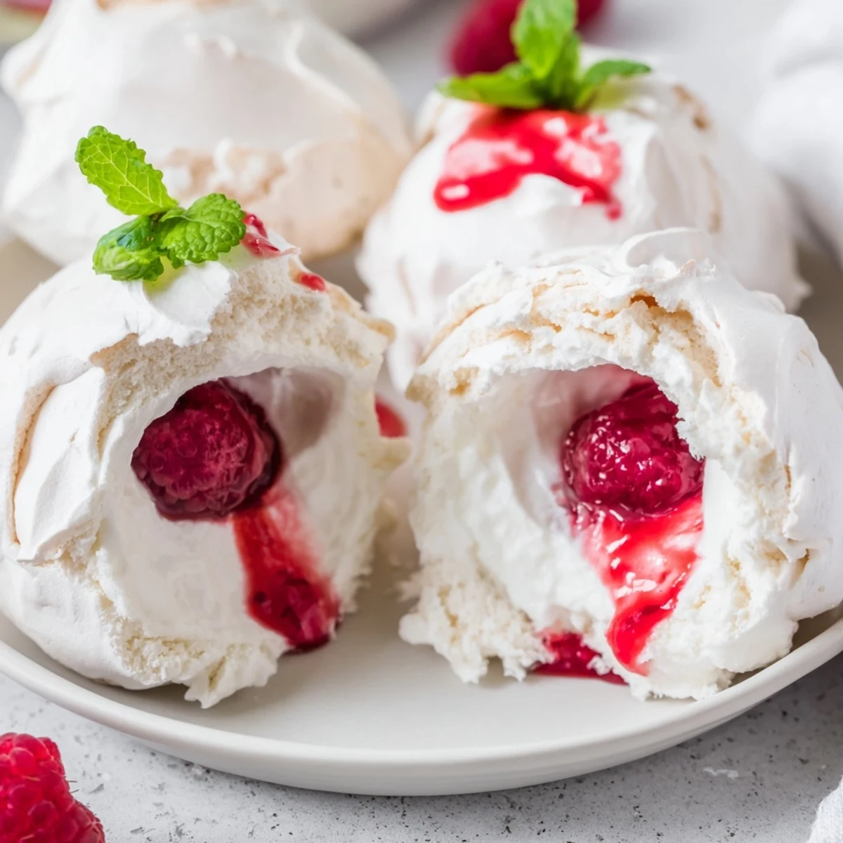 Bite-sized Pavlova bombs topped with fluffy whipped cream and glossy raspberry sauce