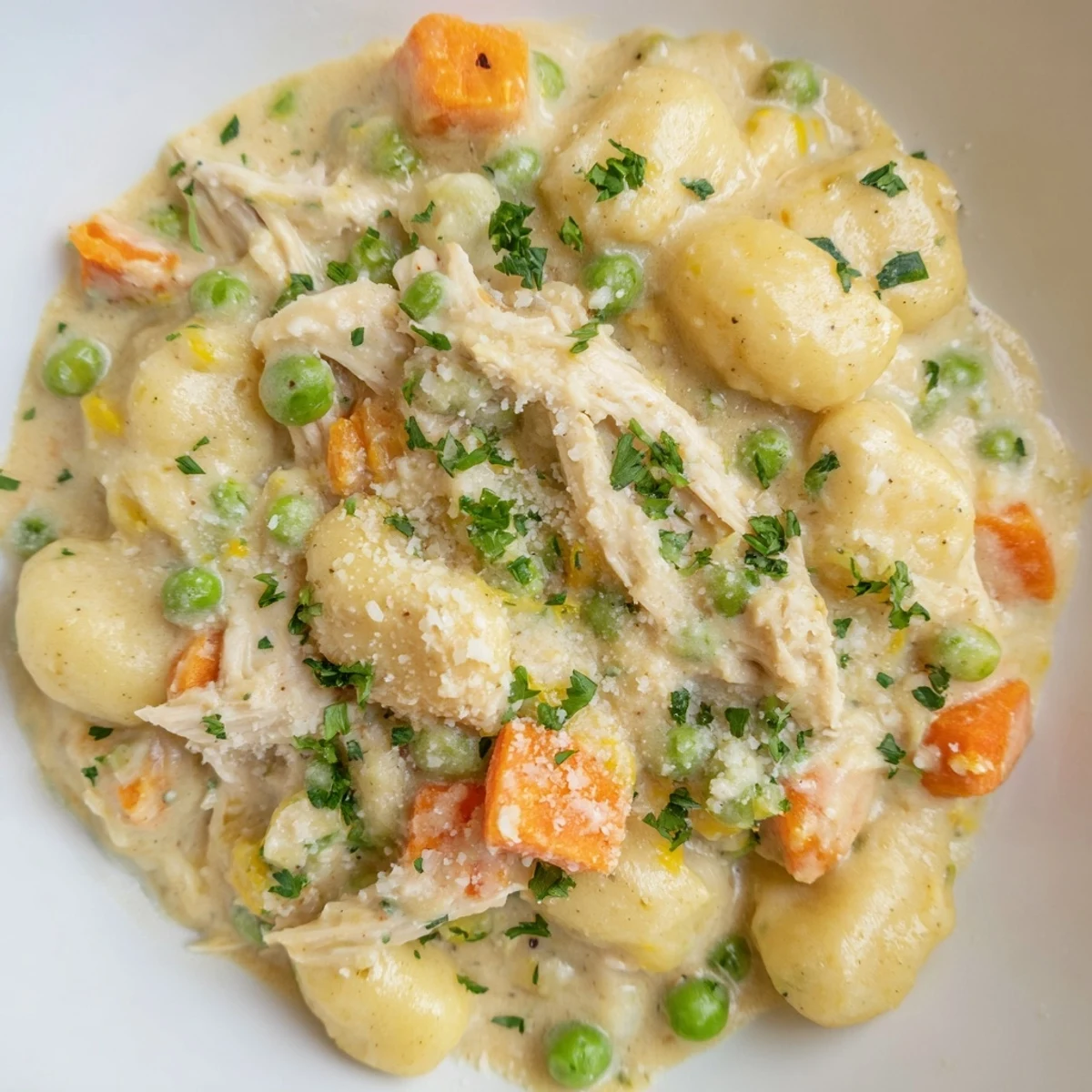 One Pot Gnocchi Chicken Pot Pie with creamy sauce and tender vegetables in a rustic skillet