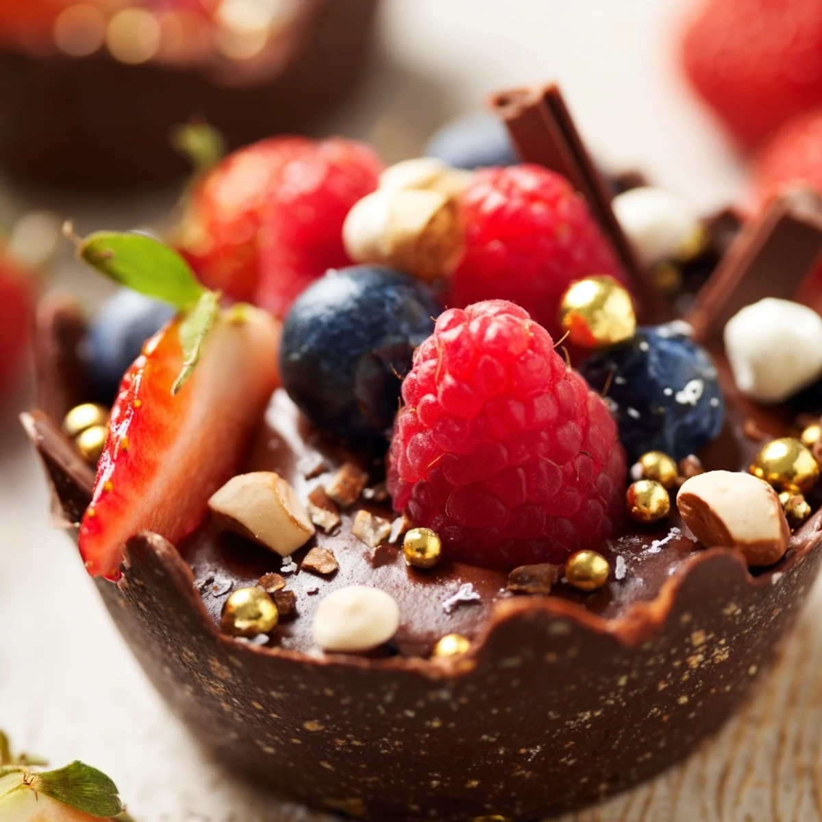 Chocolate grazing cups filled with silky mousse and topped with vibrant fresh berries