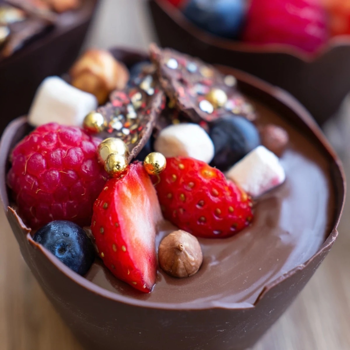 Decadent chocolate cups layered with fluffy mousse, crunchy nuts, and juicy berries
