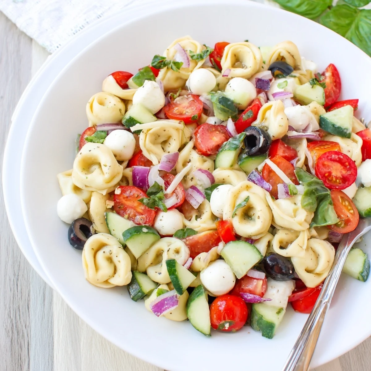 Colorful tortellini salad with cherry tomatoes, cucumber, and mozzarella in Italian dressing