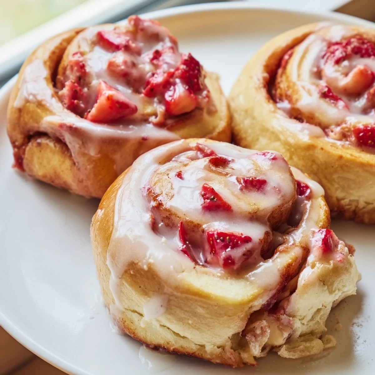 Fresh strawberry cinnamon rolls with cream cheese glaze drizzled over golden swirled pastry
