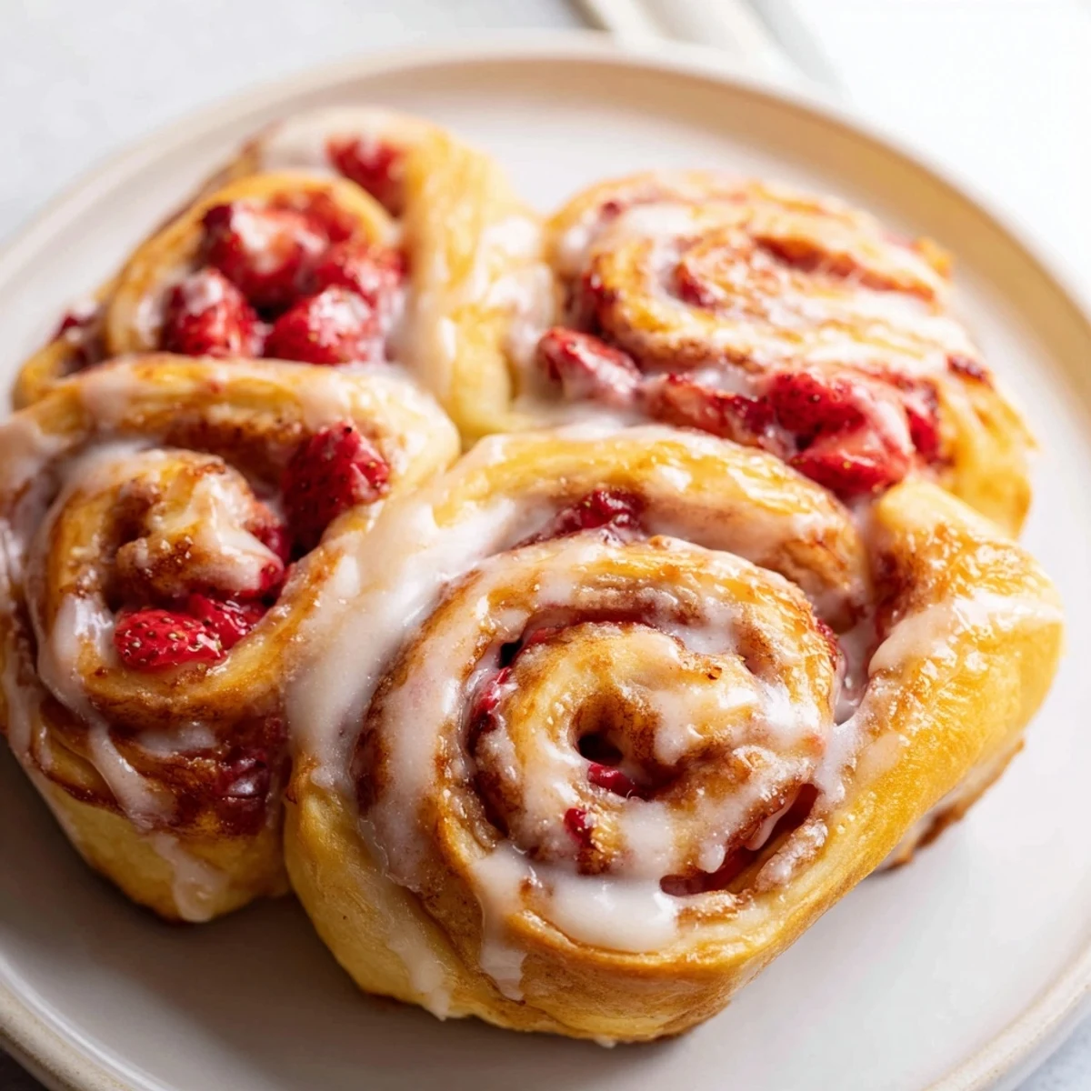 Warm strawberry cinnamon rolls pulled apart to reveal jammy red fruit and cinnamon filling
