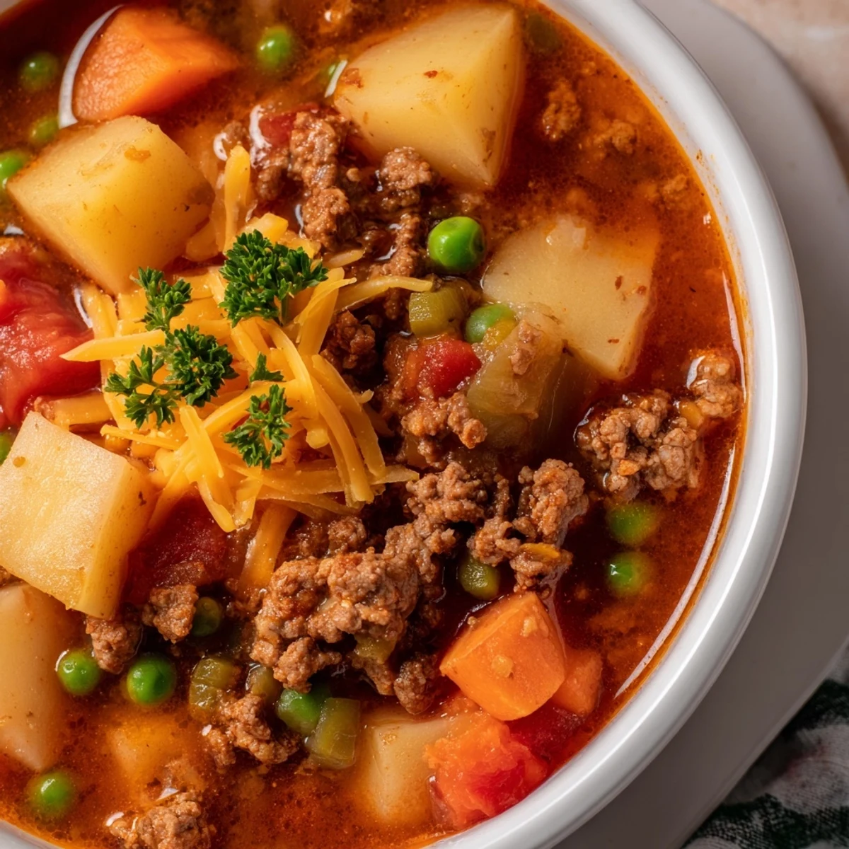 Hearty ground beef and potato soup in a rustic bowl with tender vegetables and savory broth