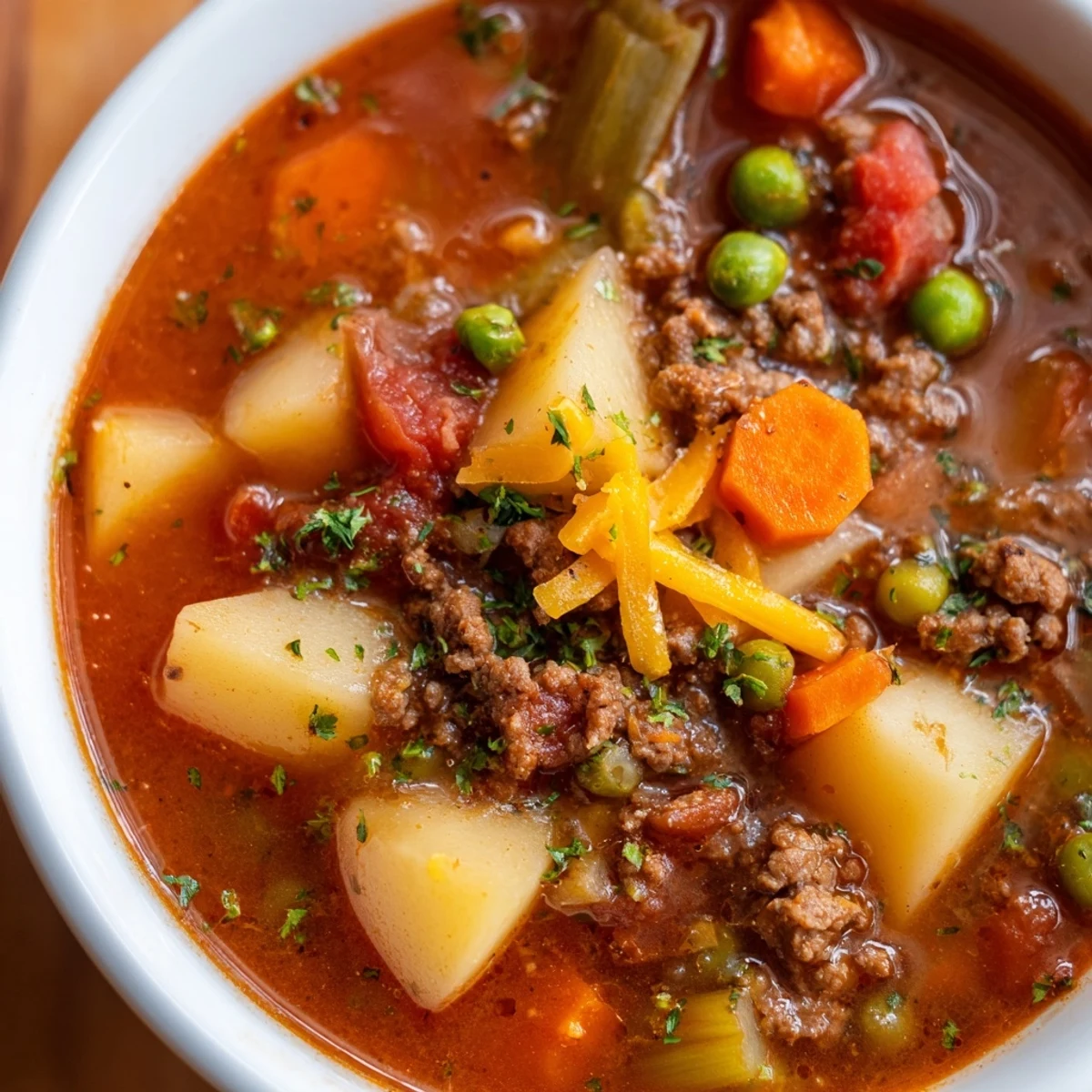 Steaming bowl of ground beef and potato soup garnished with fresh parsley and cheddar cheese