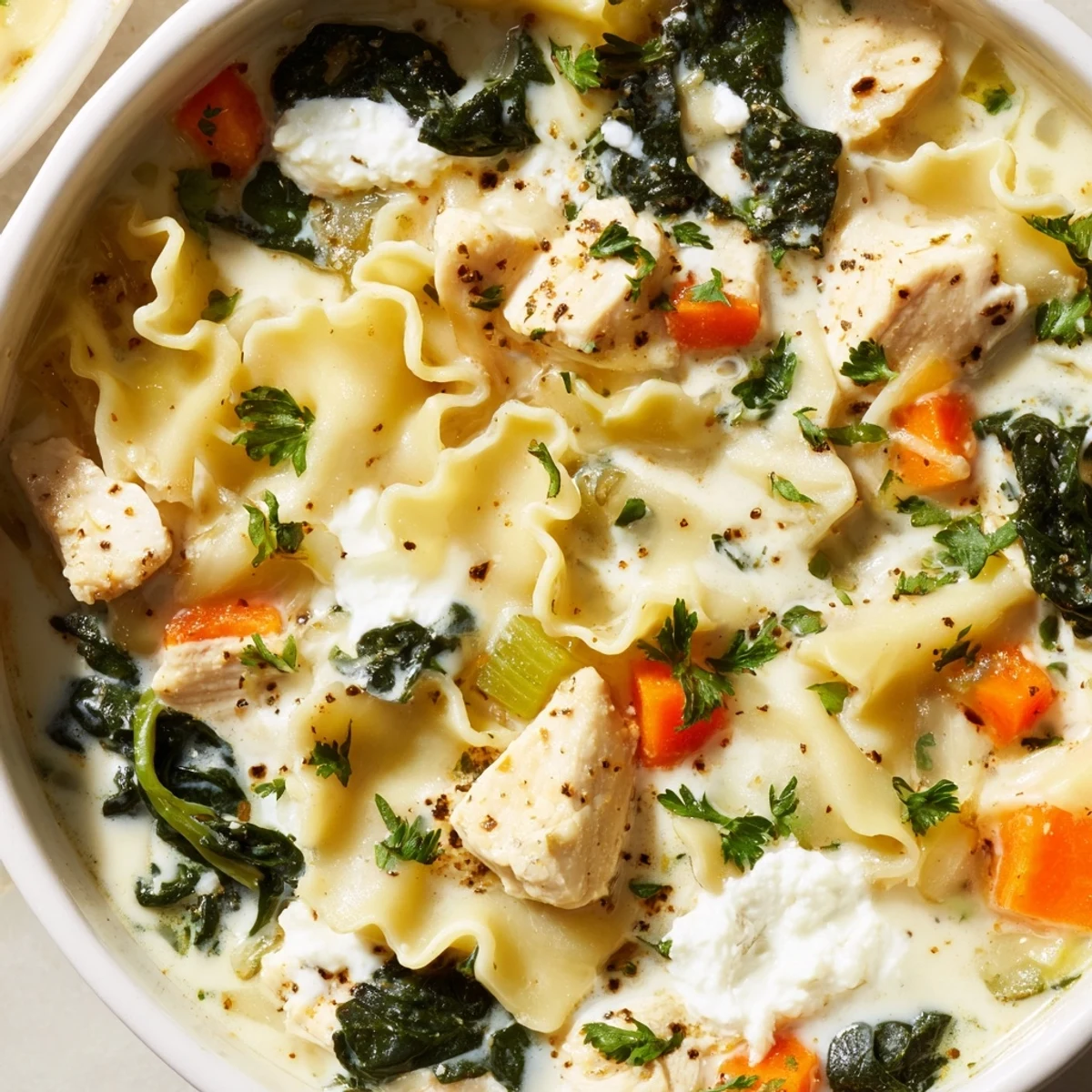 Creamy Italian white lasagna soup in a rustic bowl with melted cheese and fresh herbs