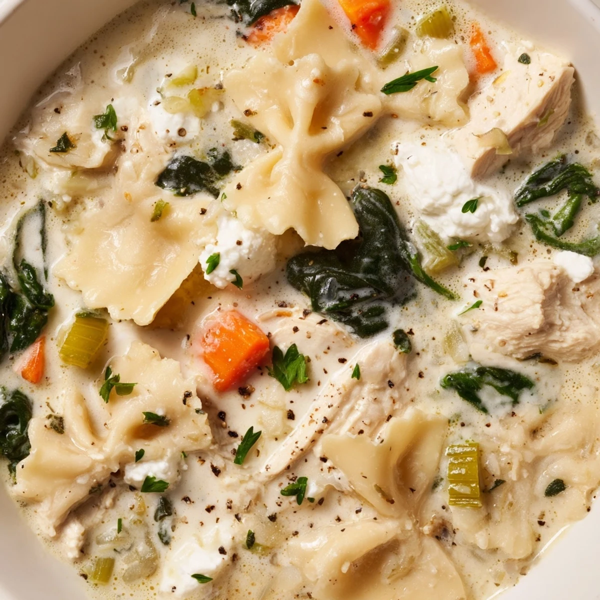 Steaming bowl of Italian white lasagna soup featuring tender chicken and broken noodles