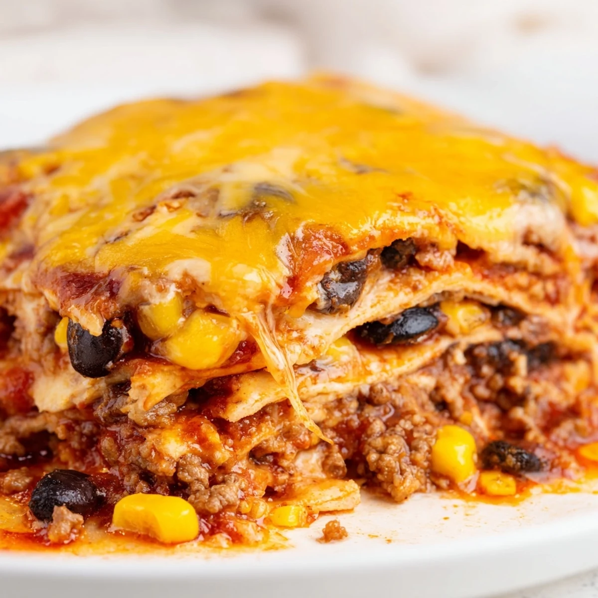 Baked Beef Enchilada Casserole with bubbly melted cheese and rich red sauce in a golden baking dish