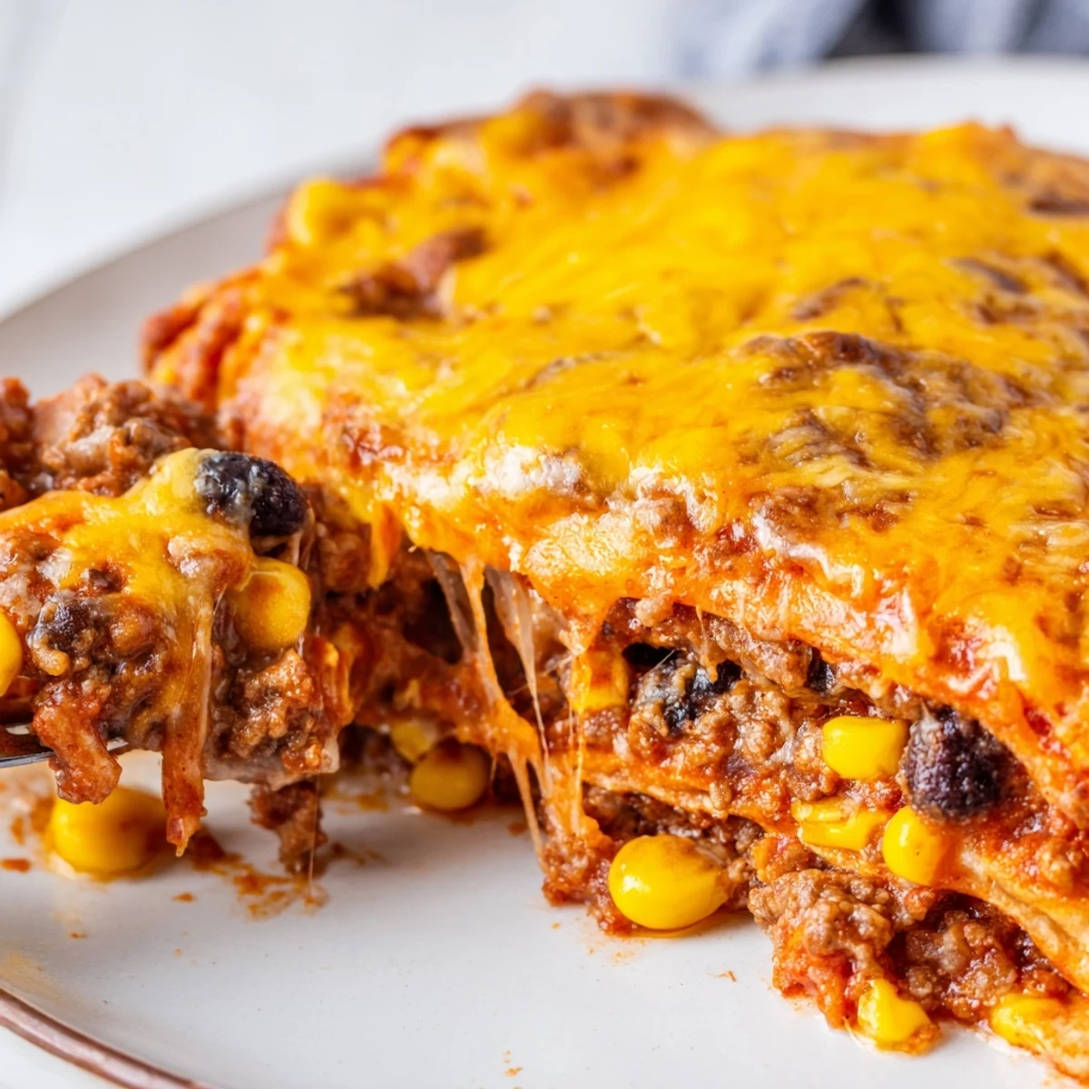 Layered Baked Beef Enchilada Casserole topped with fresh cilantro and a dollop of cool sour cream