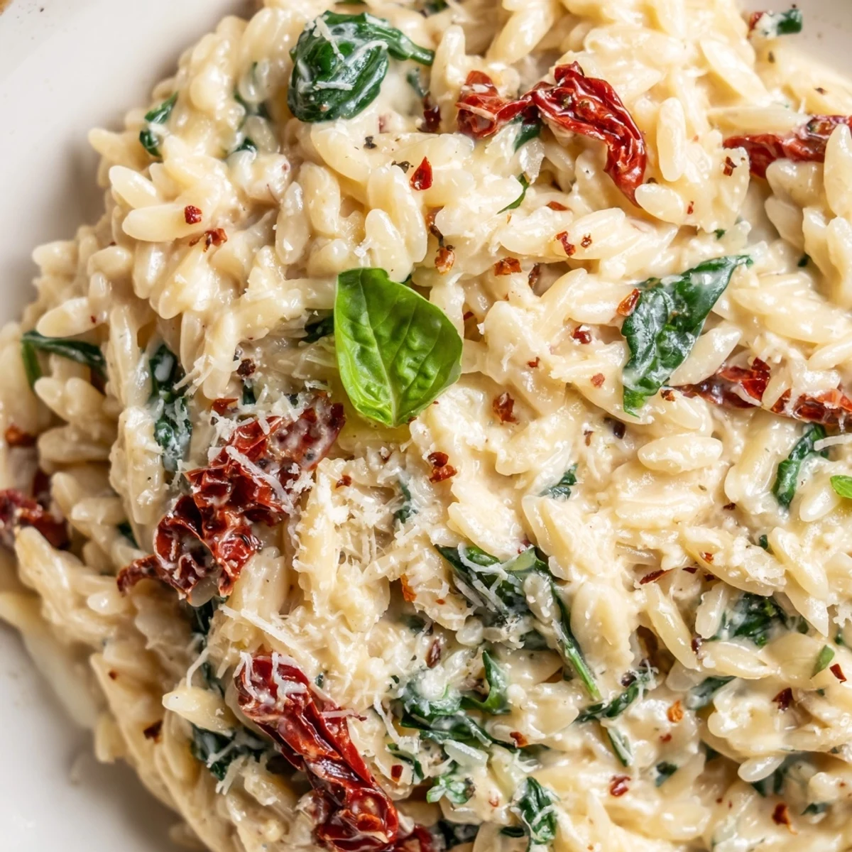 Creamy Tuscan orzo in a skillet with wilted spinach, sun-dried tomatoes, and melted Parmesan cheese