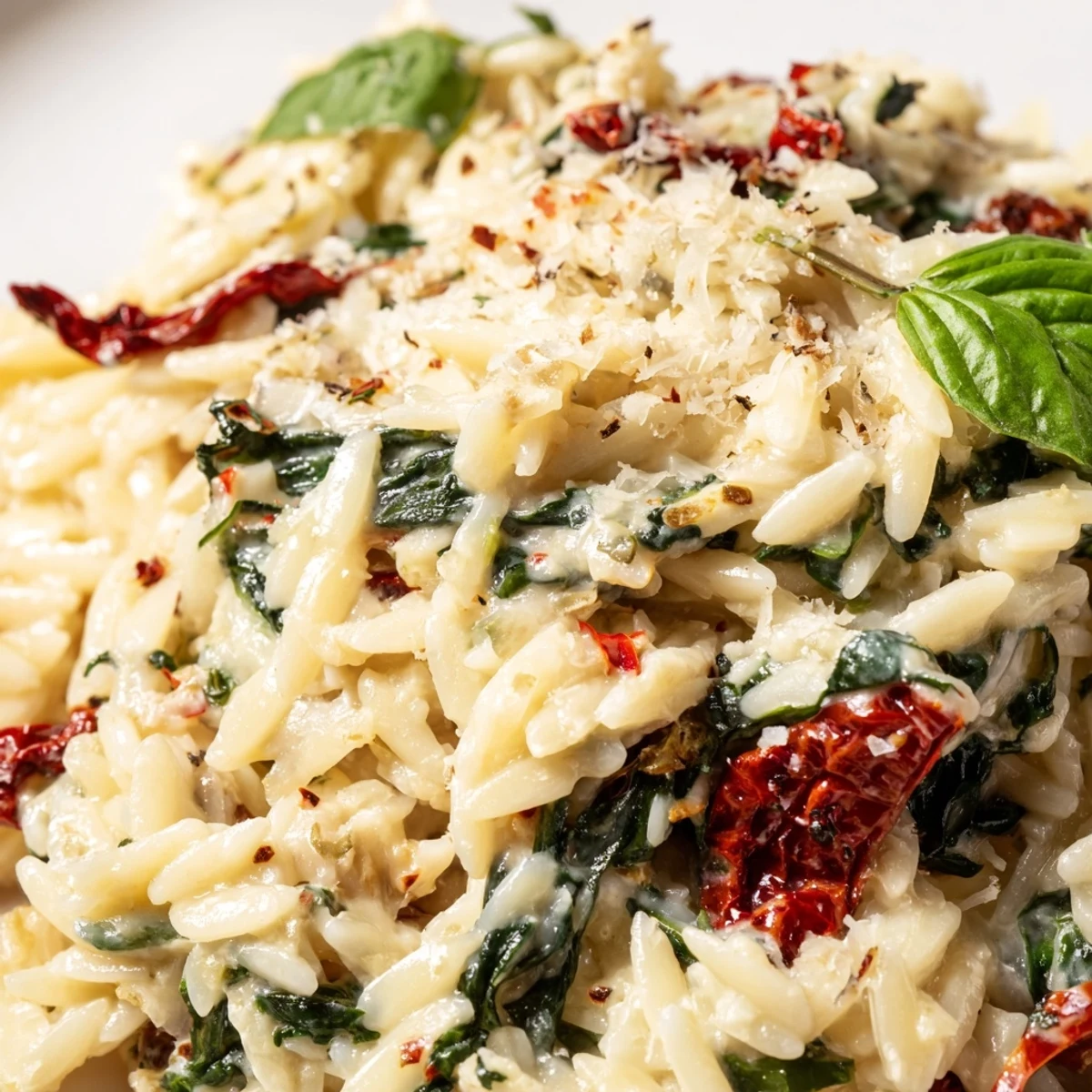 A bowl of Creamy Tuscan orzo garnished with fresh basil and extra grated cheese