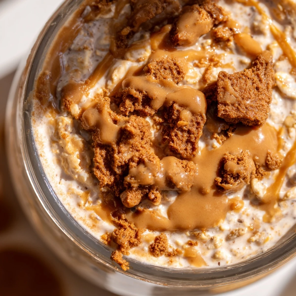 Creamy quick Biscoff overnight oats topped with crushed cookie pieces in a glass jar