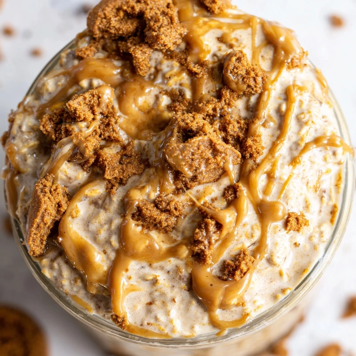 Spoon dipping into quick Biscoff overnight oats layered with melted cookie butter drizzle
