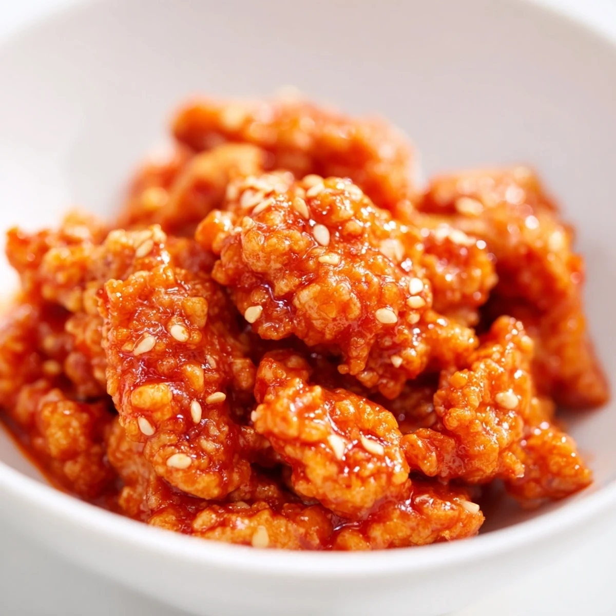 Spicy firecracker ground chicken bowls topped with crisp vegetables and sesame seeds