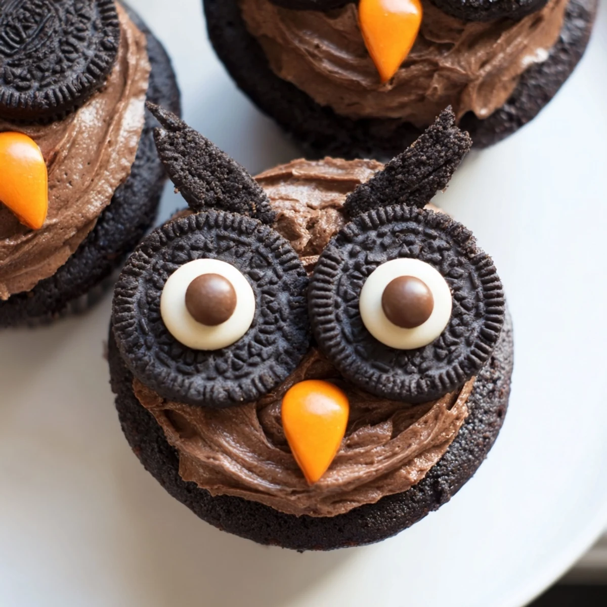 Oreo Owl Cupcakes with chocolate frosting and candy eyes on a rustic serving tray