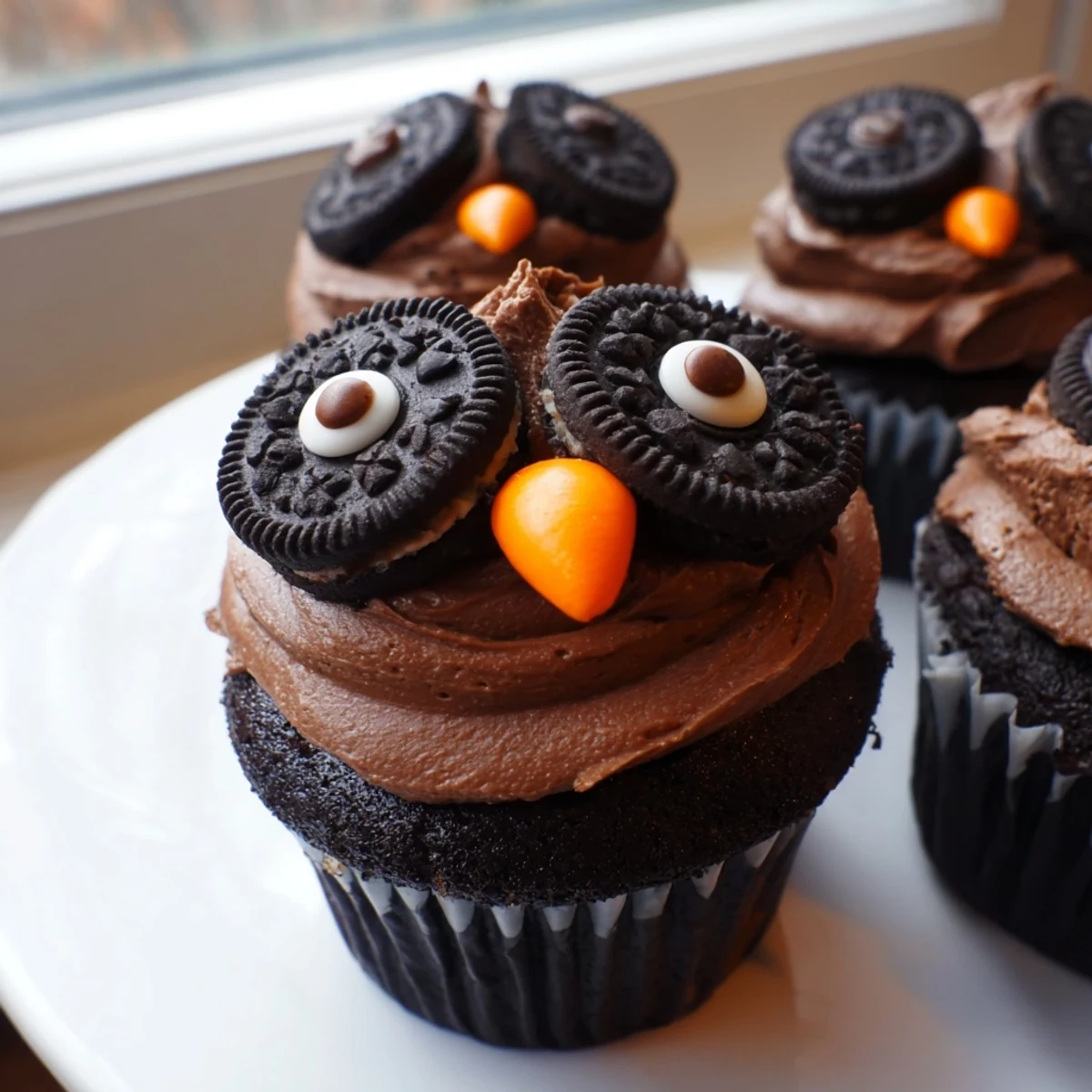 Frosted Oreo Owl Cupcakes topped with cookie eyes and orange candy beaks